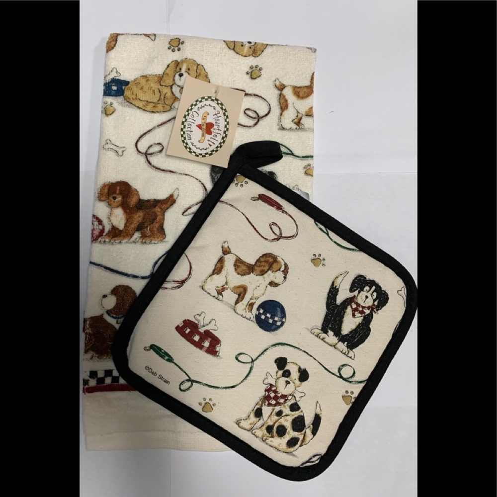 NWT puppy dog kitchen terry towel & pot holder T7530, 32